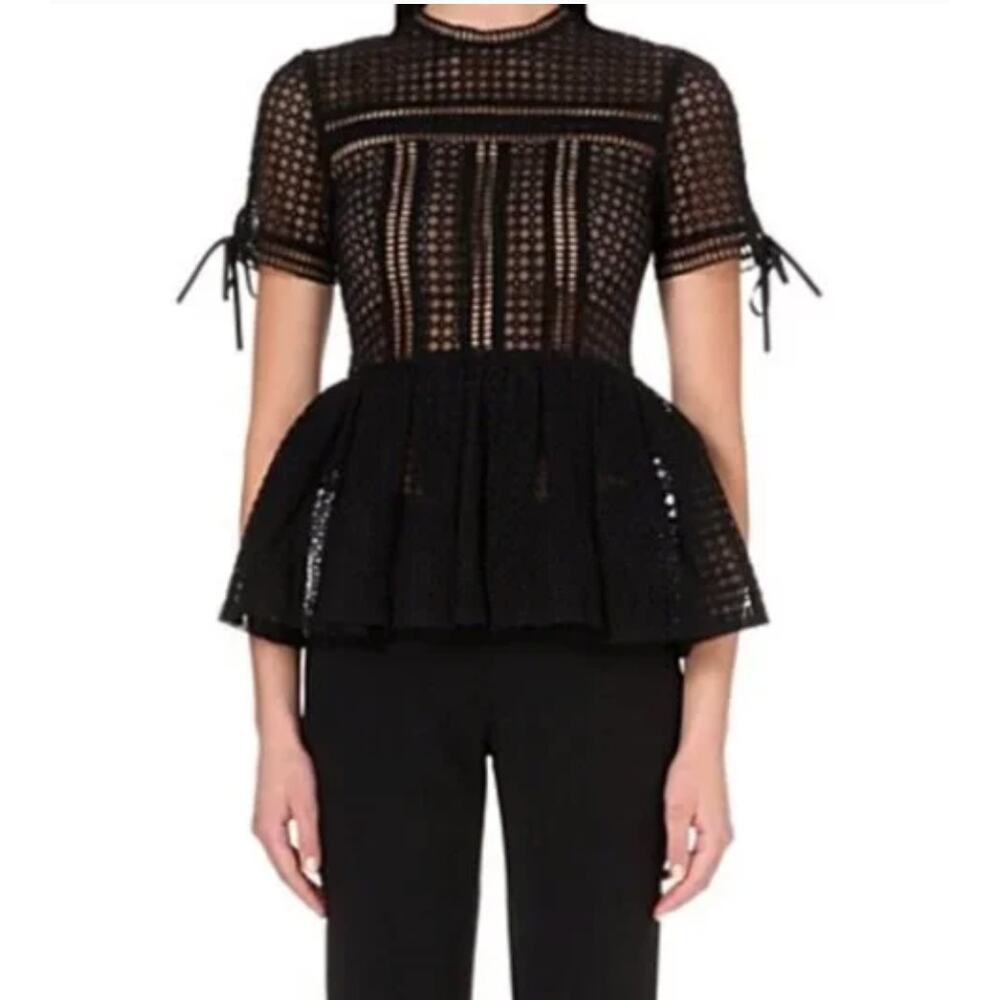 Self-Portrait Top Guipure Lace Peplum Black Cotton Size 8